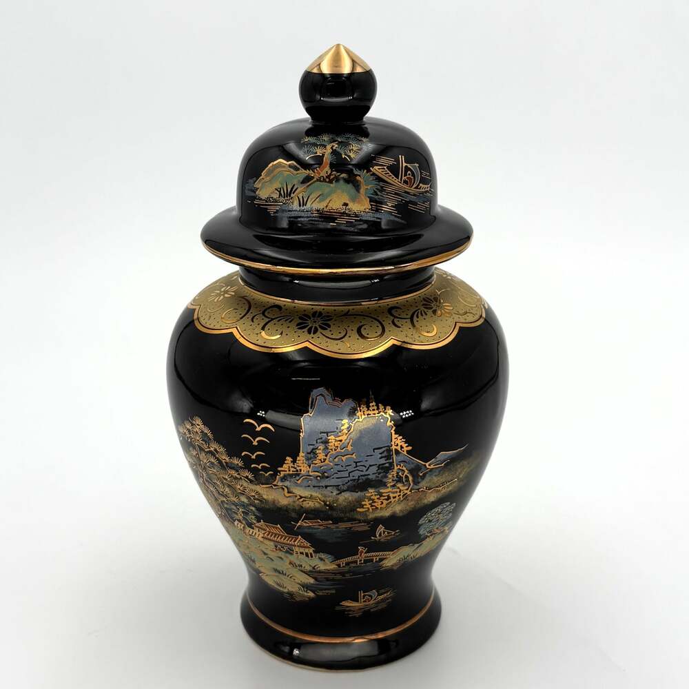 Vintage Japanese Black Porcelain Ginger Jar Gold Landscape Lidded Urn 8.5"